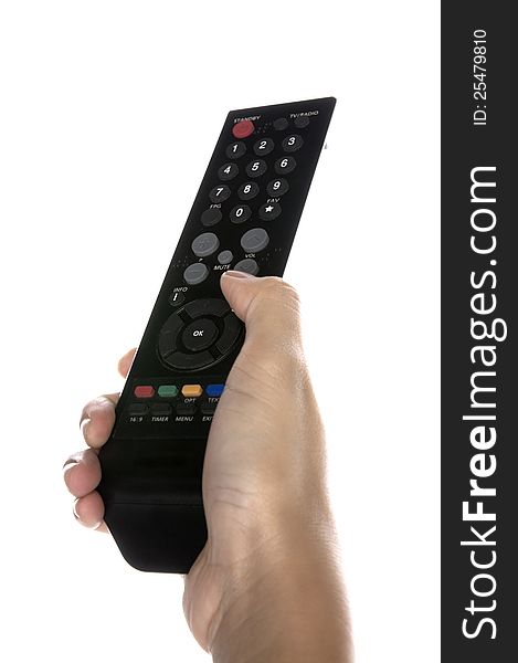Woman holding remote control television isolated over white background