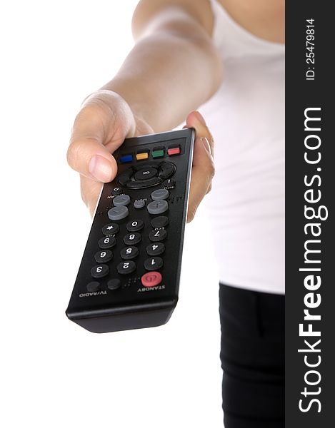 Woman holding remote control television isolated over white background