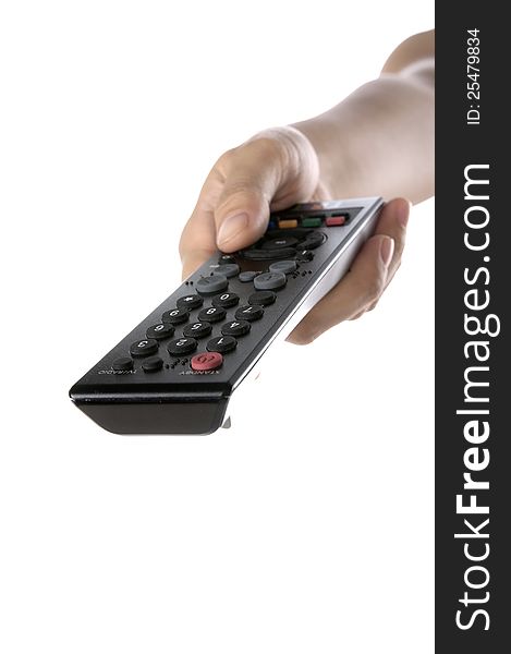 Woman holding remote control television isolated over white background