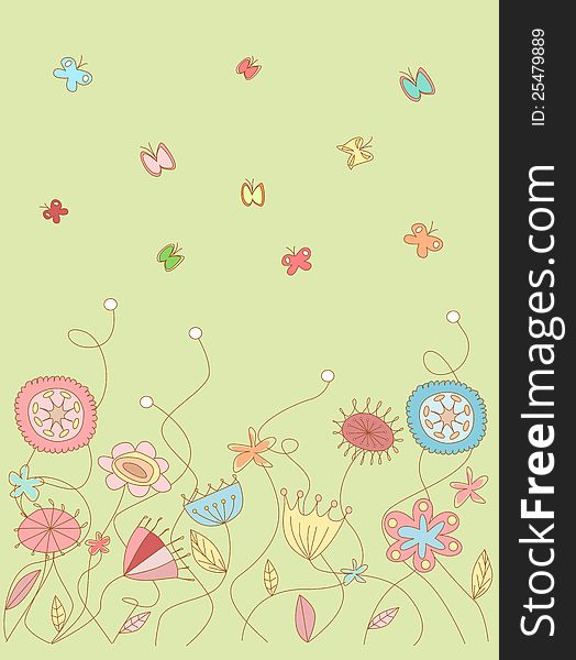 Illustration of floral pattern with flowers and leaves and butterflies. Illustration of floral pattern with flowers and leaves and butterflies