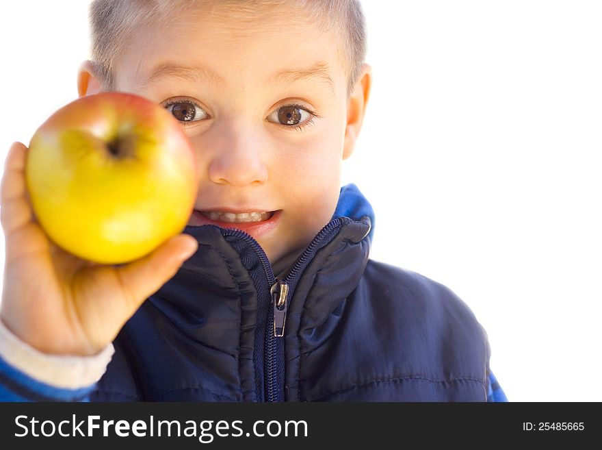 Little boy holding apple-happy kids. Little boy holding apple-happy kids