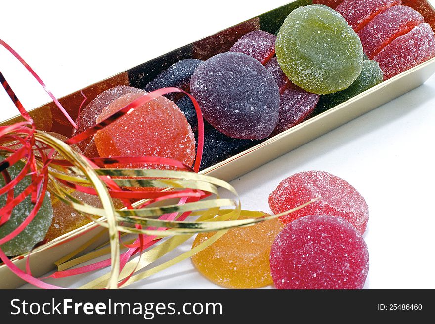 Fruit jelly candies  on white background as gift