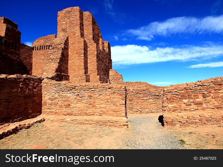 Spanish colonial church ruin at Quarai. The native american pueblo here is pre spanish and dates to around 1300. Both native and spanish left by 1677. Spanish colonial church ruin at Quarai. The native american pueblo here is pre spanish and dates to around 1300. Both native and spanish left by 1677.