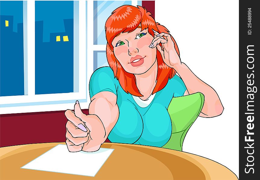 Young beautiful girl sits at a table near a window in a reverie. Before her on the table a sheet of paper. In the window is visible evening city. Illustration made in the style of comics. Background on separate layer. Young beautiful girl sits at a table near a window in a reverie. Before her on the table a sheet of paper. In the window is visible evening city. Illustration made in the style of comics. Background on separate layer.