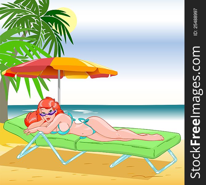 Beautiful sexy girl in bikini sunbathing on the beach. Girl in a sunglasses, and she lying on a deck-chair. Illustration made in comic style. Background on separate layer. Beautiful sexy girl in bikini sunbathing on the beach. Girl in a sunglasses, and she lying on a deck-chair. Illustration made in comic style. Background on separate layer.