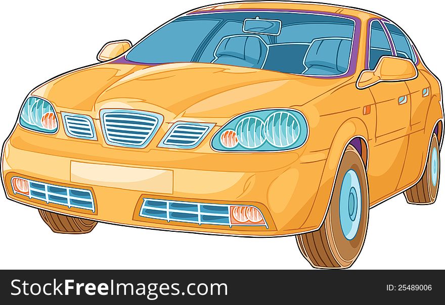 The illustration shows yellow car that looks in camera. The illustration done in a comic book style on a white background. The illustration shows yellow car that looks in camera. The illustration done in a comic book style on a white background.