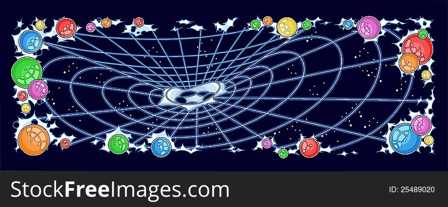 The illustration shows the web in a space. The stars and planets are around it. Illustration done on separate layers.