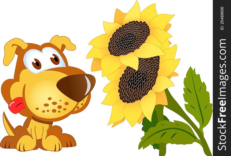 The illustration shows a funny puppy near the yellow sunflowers. Illustration done in cartoon style, on separate layers. The illustration shows a funny puppy near the yellow sunflowers. Illustration done in cartoon style, on separate layers.