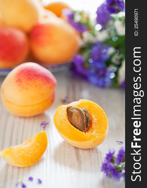 Fresh apricots are on the table, selective focus