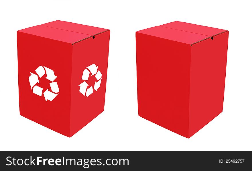 Two empty eco-friendly cardboard boxes in bright red color, one with plain sides and the other with white recycle symbol, made of recycled and waste paper and ready for packaging. Two empty eco-friendly cardboard boxes in bright red color, one with plain sides and the other with white recycle symbol, made of recycled and waste paper and ready for packaging