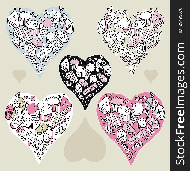 Doodle hearts set with cookies and sweets