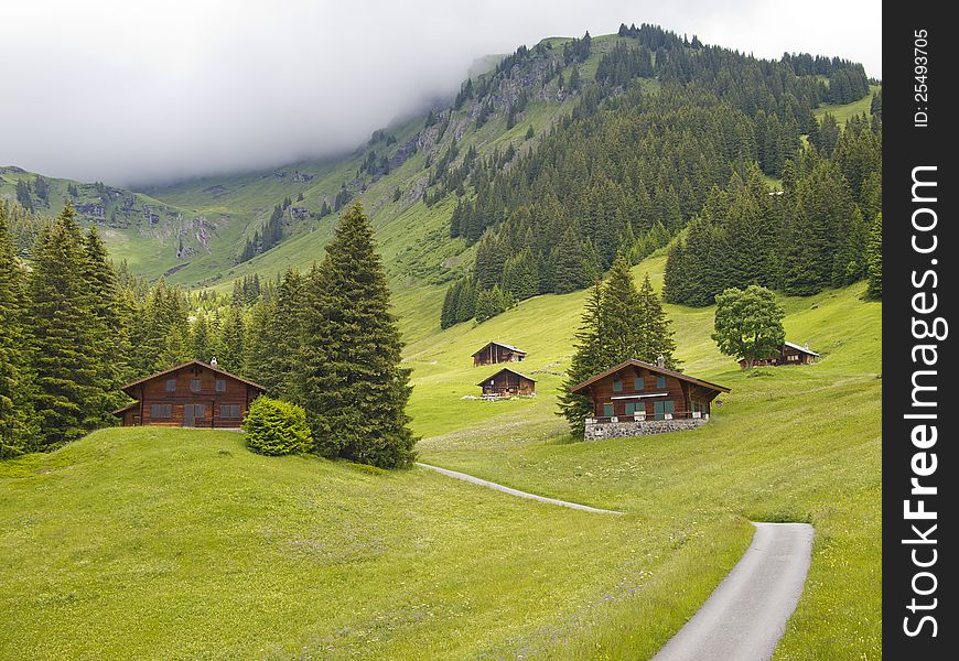 Group of Swiss styled huts in the valley of First, Grindelwald, Switzerland. Group of Swiss styled huts in the valley of First, Grindelwald, Switzerland