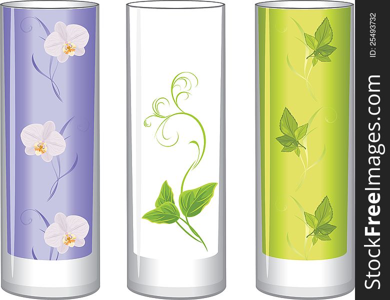Three decorative glass vases. Illustration