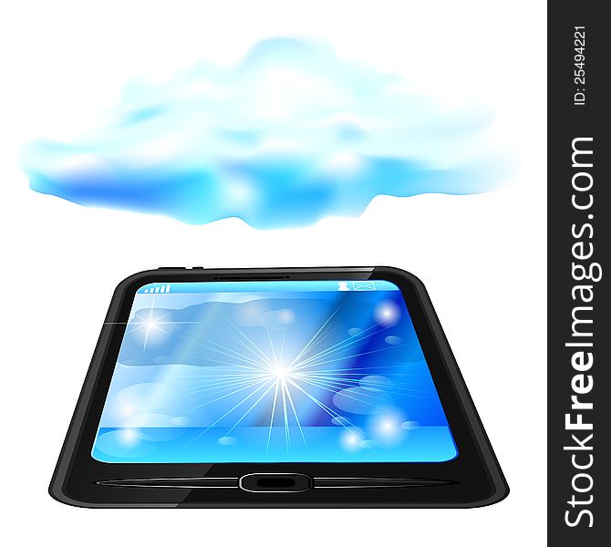 Modern generic touchscreen device with blue cloud above. Modern generic touchscreen device with blue cloud above