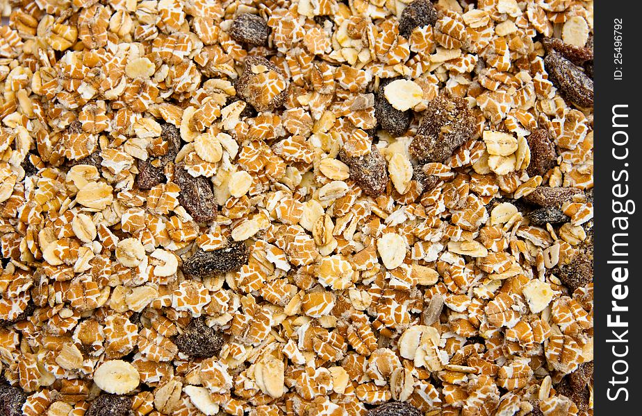 Closeup of muesli with fibres and raisins. Closeup of muesli with fibres and raisins