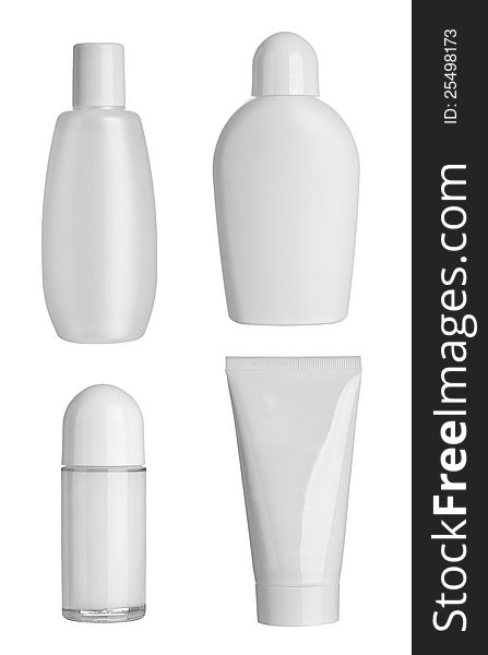 Collection of various beauty hygiene containers on white background. each one is shot separately