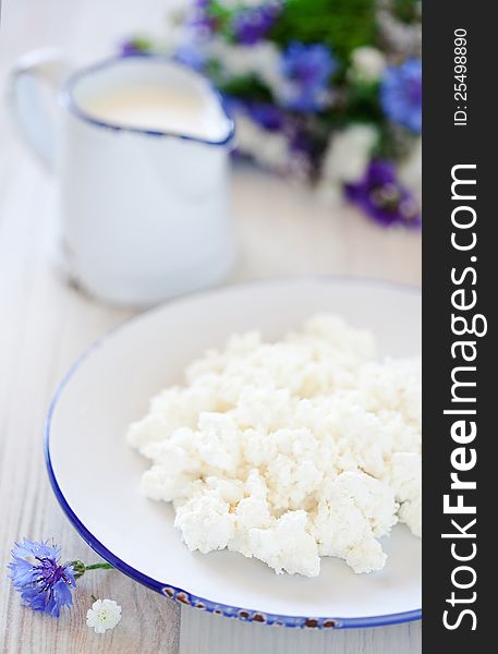 Fresh homemade cottage cheese, selective focus