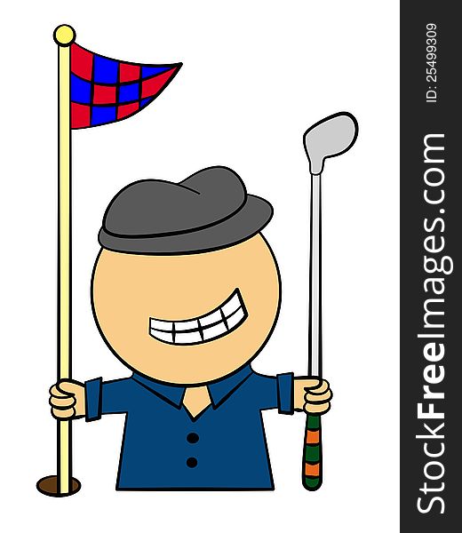 A cartoon golfer holding a golf club and a flag