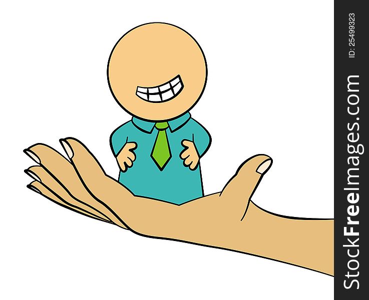 A smiling cartoon business man being held by a giant hand. A smiling cartoon business man being held by a giant hand