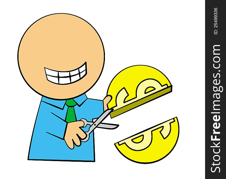 A cartoon illustration of a businessman cutting a coin with a scissor. A cartoon illustration of a businessman cutting a coin with a scissor