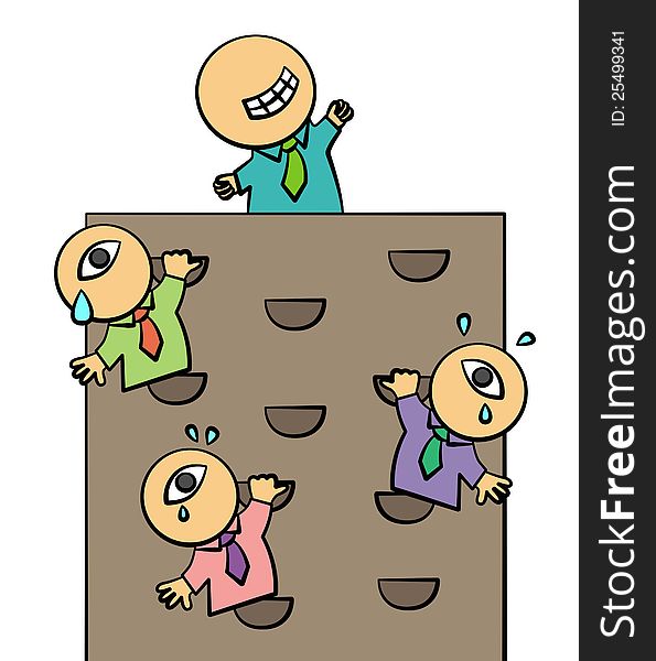 A group of business men climbing a wall, one of them already made it on top successfully. A group of business men climbing a wall, one of them already made it on top successfully