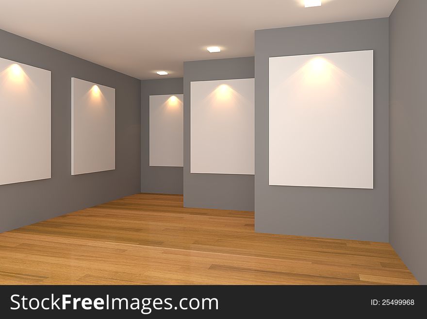 Empty room interior with white canvas on a gray wall in the gallery. Empty room interior with white canvas on a gray wall in the gallery.