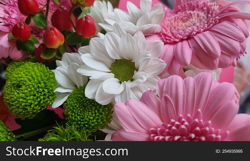 Flower Composition With Chamomiles And Gerberas, Summer Background