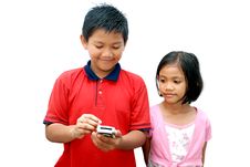 Two Child With Pda Phone Stock Photo