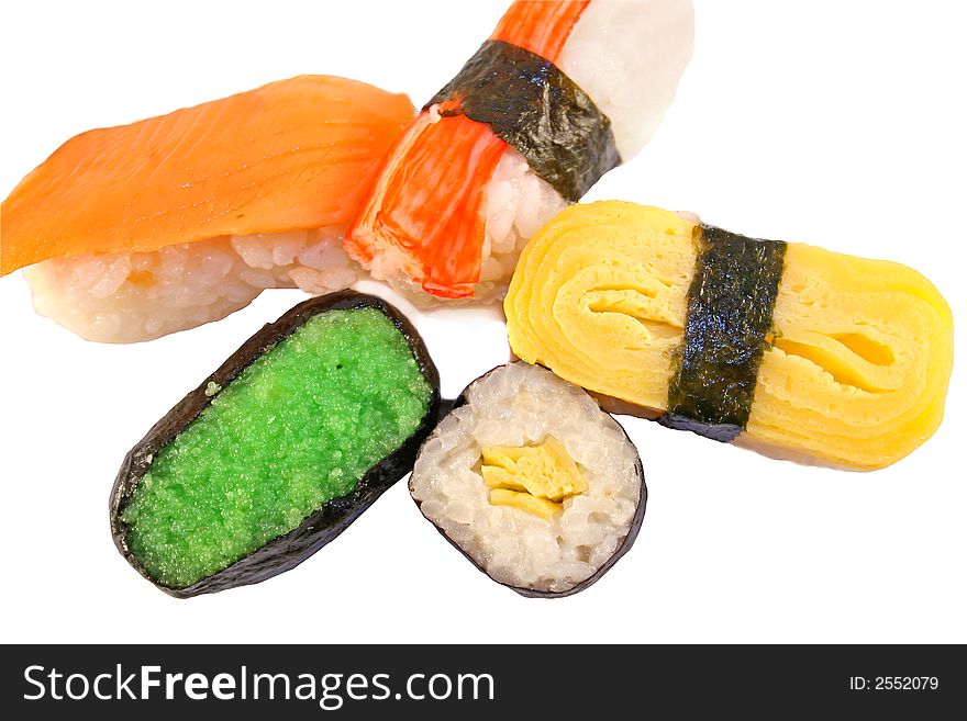 A selection of Sushi on a white background. A selection of Sushi on a white background