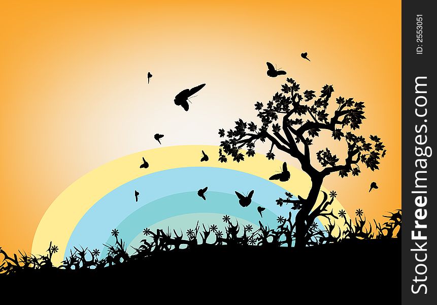 Illustration of warm evening with tree silhouette. Illustration of warm evening with tree silhouette