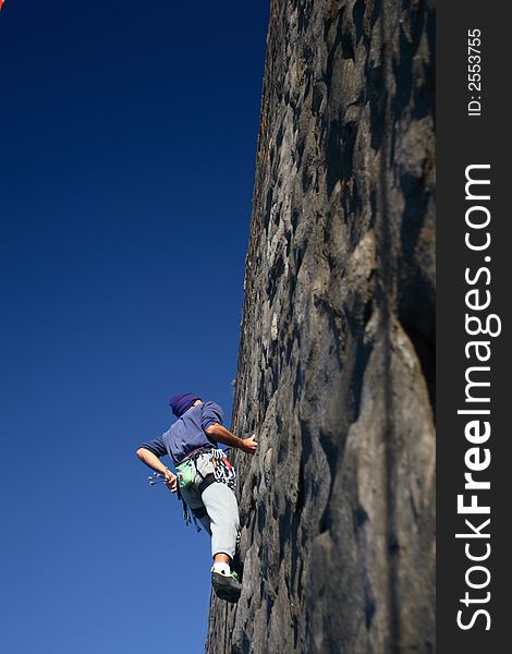 Traditional rock Climbing with no top rope. Traditional rock Climbing with no top rope