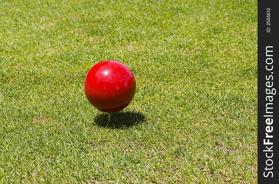 Golf course. Red ball on tee, shallow DOF