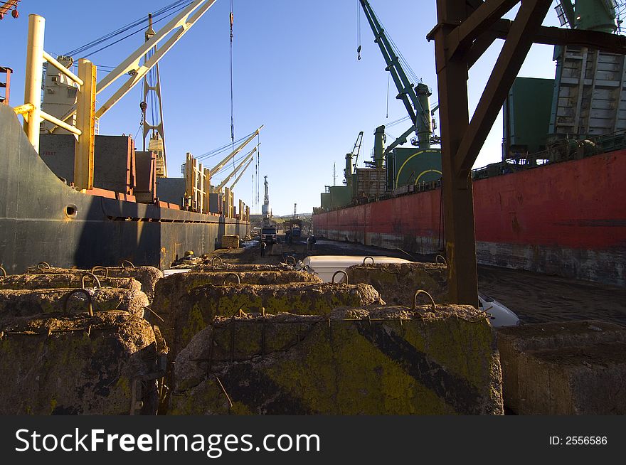 Cargo ships discharging cargo in a port in Turkey. Cargo ships discharging cargo in a port in Turkey.