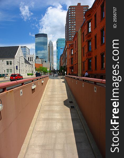 A picture of the Minneaplis downtown district from an underground ramp
