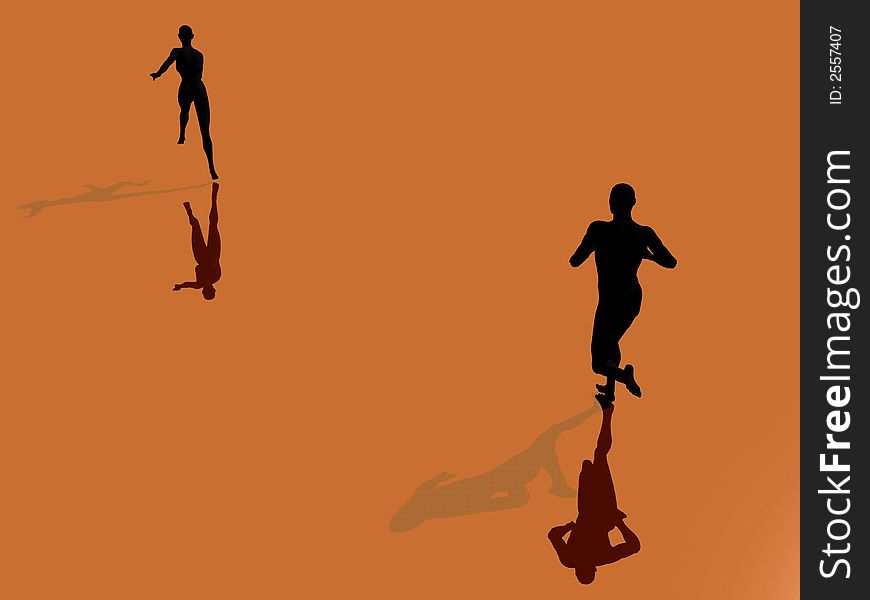 Silhouette male chasing female with reflections against on orange background. Pop art feel. Silhouette male chasing female with reflections against on orange background. Pop art feel.