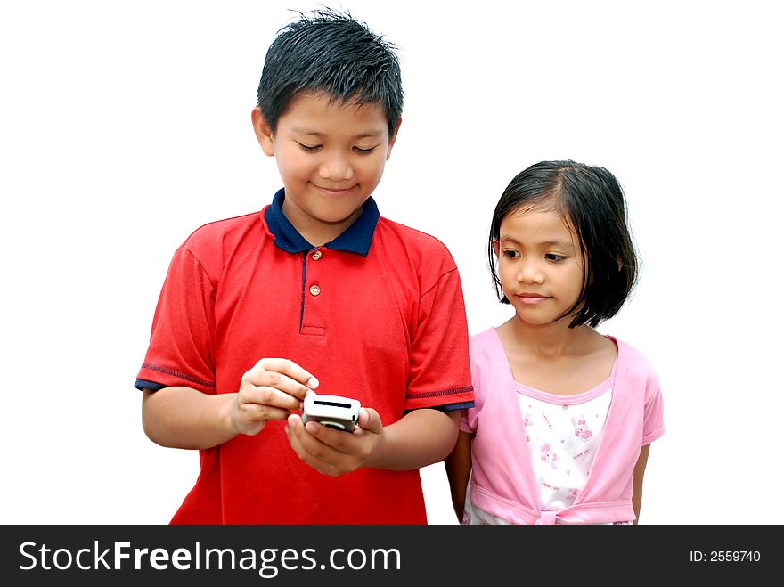 Two child with pda phone on the white background