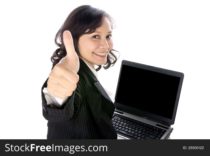 Woman happy giving thumbs up with excited expression. She using laptop pc isolated over white background. Woman happy giving thumbs up with excited expression. She using laptop pc isolated over white background