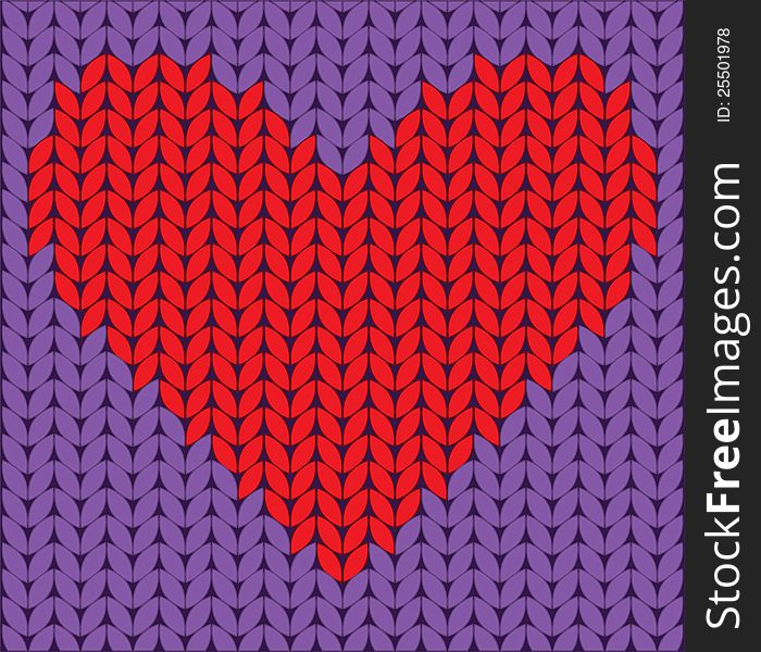 Knitted red heart on lilac background. Knitted red heart on lilac background