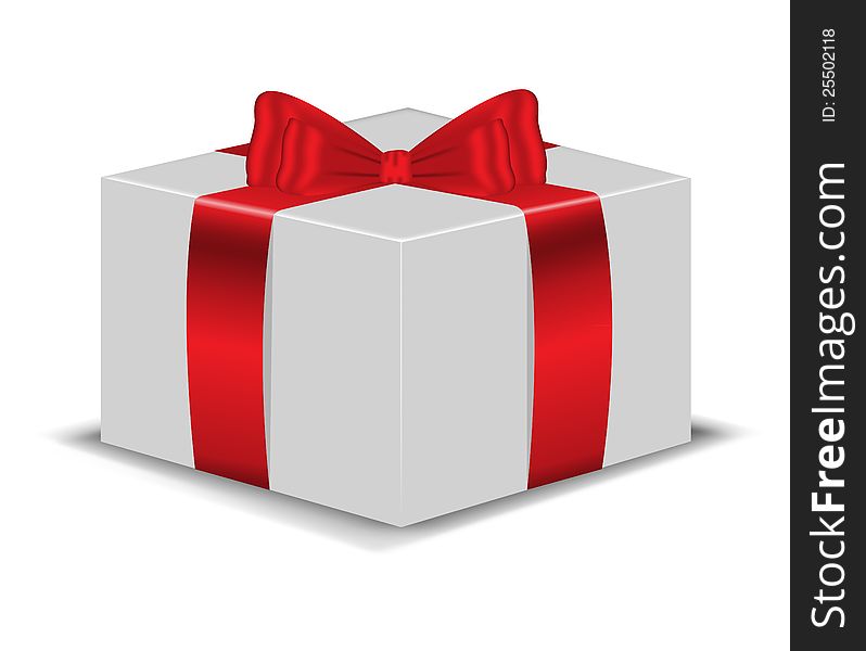 White gift box with a shiny red bow on white background. White gift box with a shiny red bow on white background