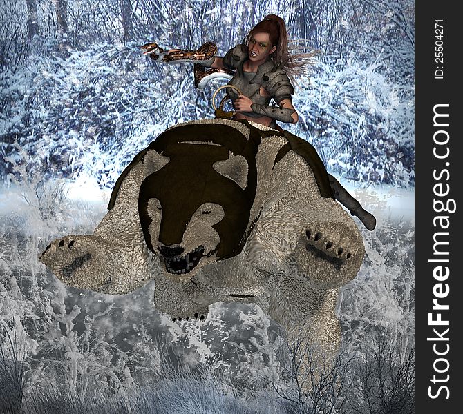 German female warrior charges through the winter snow on her trusty polar bear steed. Clipping Path included. German female warrior charges through the winter snow on her trusty polar bear steed. Clipping Path included.