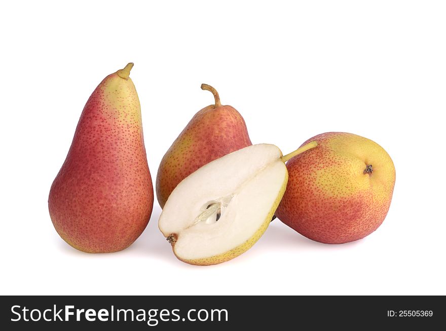 Three pears and a half on white background show fruit pulp, isolated. Three pears and a half on white background show fruit pulp, isolated