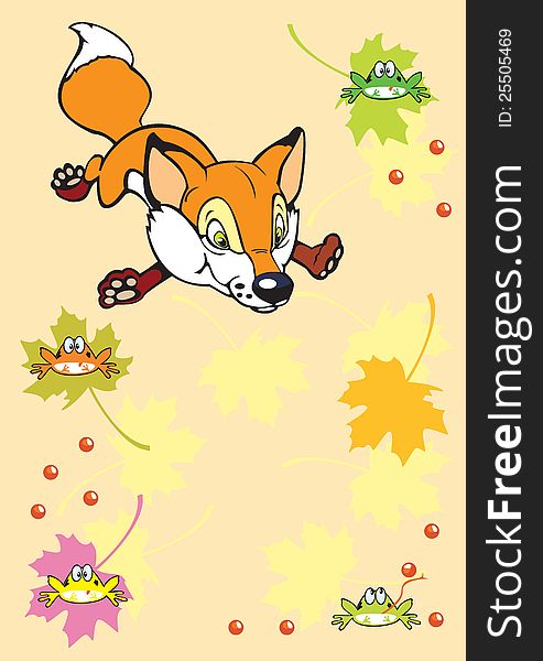 fox and frogs,cartoon vector picture,children illustration,autumn season. fox and frogs,cartoon vector picture,children illustration,autumn season