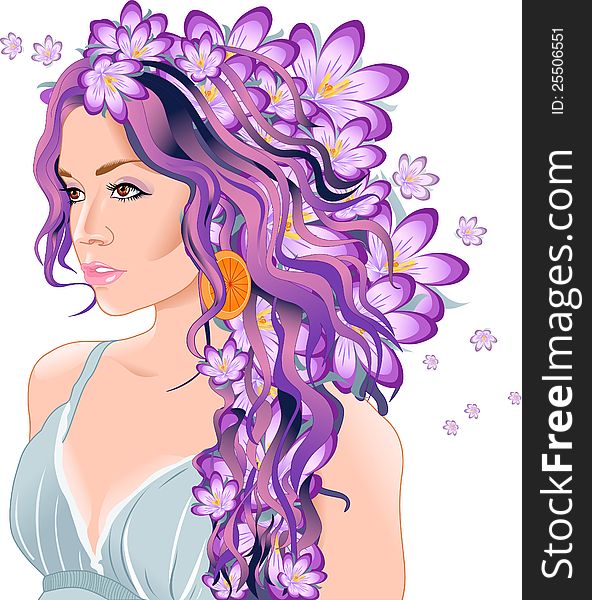 The illustration shows a beautiful young woman with flowers in her hair. The illustration shows a beautiful young woman with flowers in her hair.