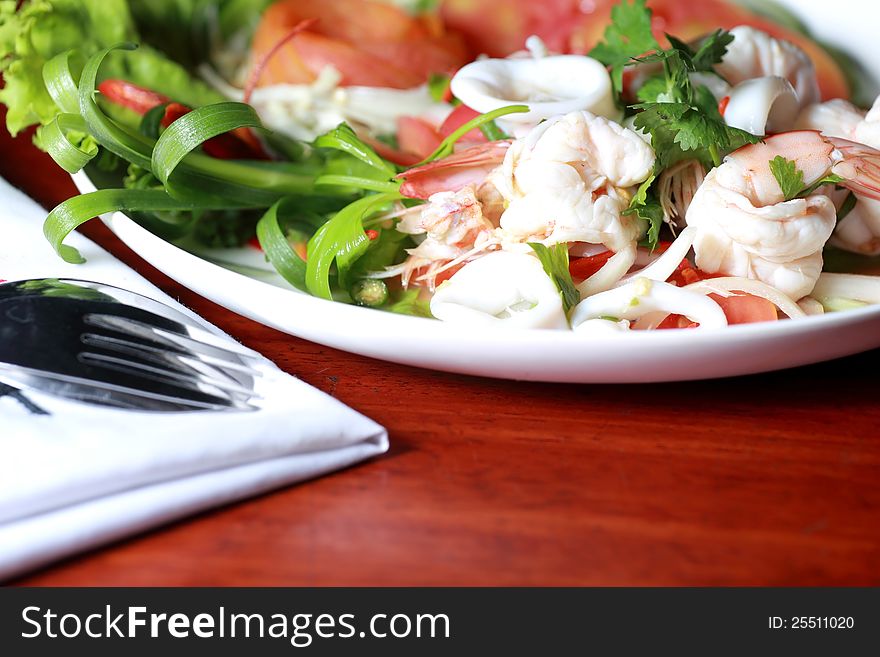 Thai cuisine, shrimp, squid salad mixed.