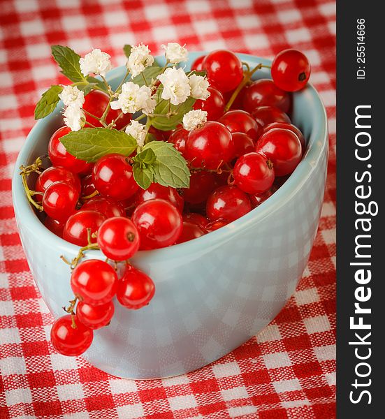 Bowl of red currant isolated on rustic napkin
