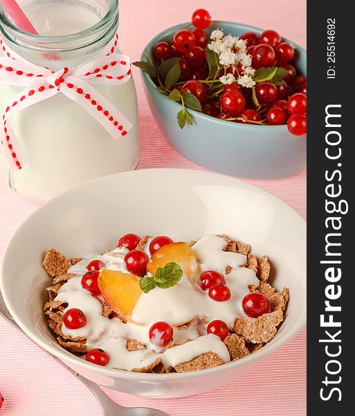 Breakfast with yogurt, cereal and fruits. Breakfast with yogurt, cereal and fruits