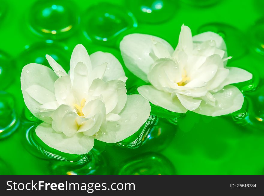 Delightful white jasmine flowers floating on the water with green glass stones. Delightful white jasmine flowers floating on the water with green glass stones