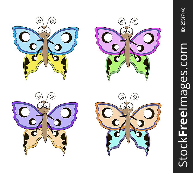 Four butterflies in different colors isolated on white background