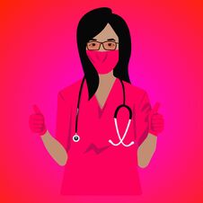 Portrait Of A Beautiful Female Doctor In A Pink Uniform Gives Approval. Female Doctor Portrait. Young Female Doctor Design. Stock Photo