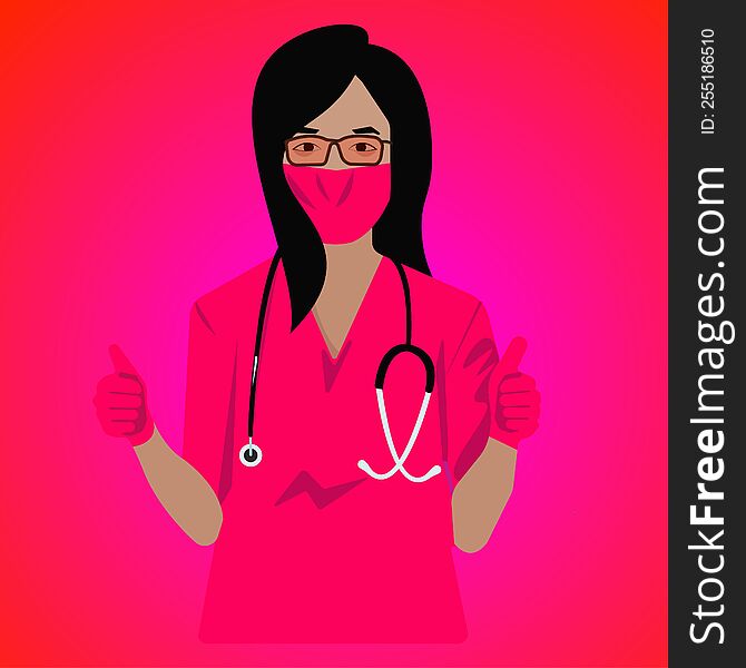 Portrait Of A Beautiful Female Doctor In A Pink Uniform Gives Approval. Female Doctor Portrait. Young Female Doctor Design.